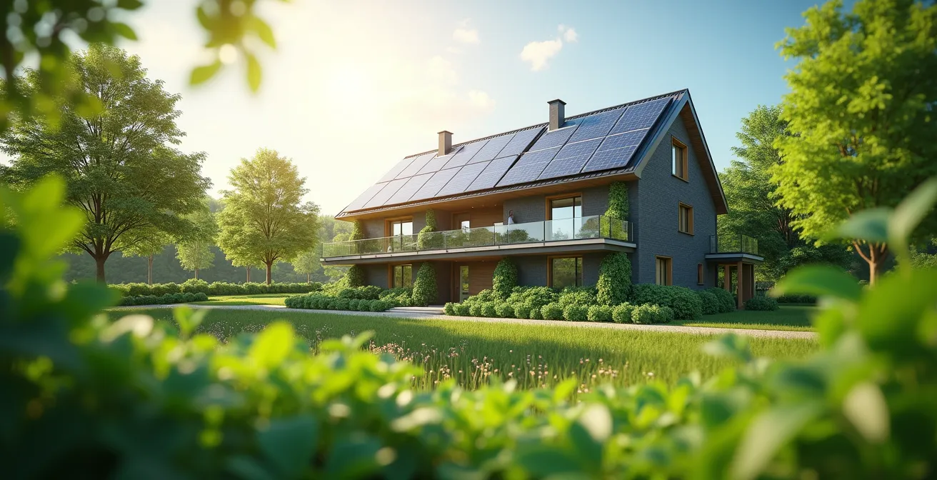 Vue environnementale composée d’un bâtiment éco-responsable entouré d’espaces verts et sources d’énergie renouvelable