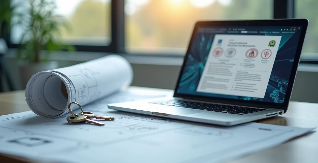 Vue conceptuelle moderne de la gestion immobilière numérique intégrant des aspects électroniques et immobiliers